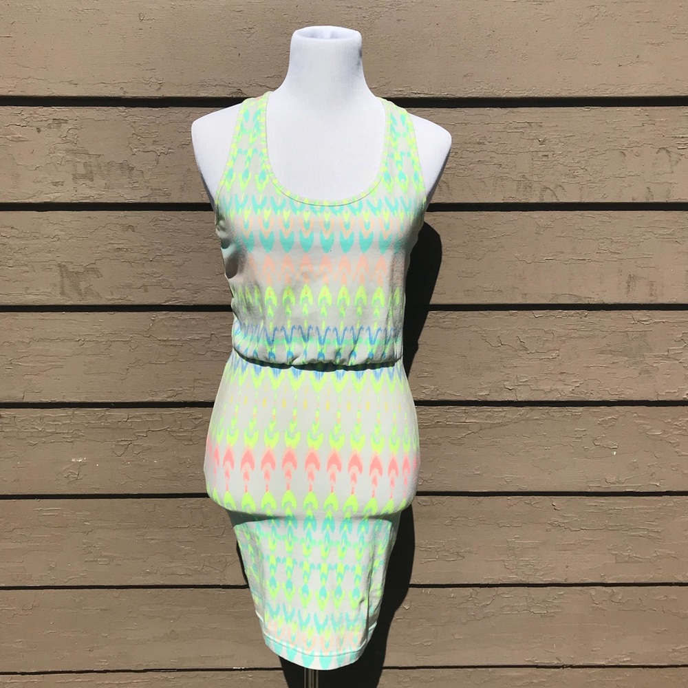 Bright triple pattern body con dress.